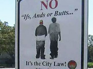 Signs in Opa-Locka, Florida warn residents about the saggy pants law.