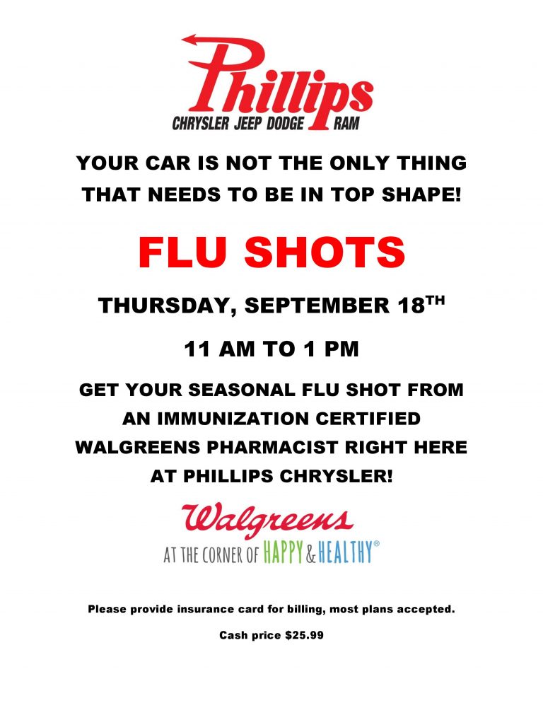 FLU shots on September 18th at Phillips Chrysler Jeep Dodge