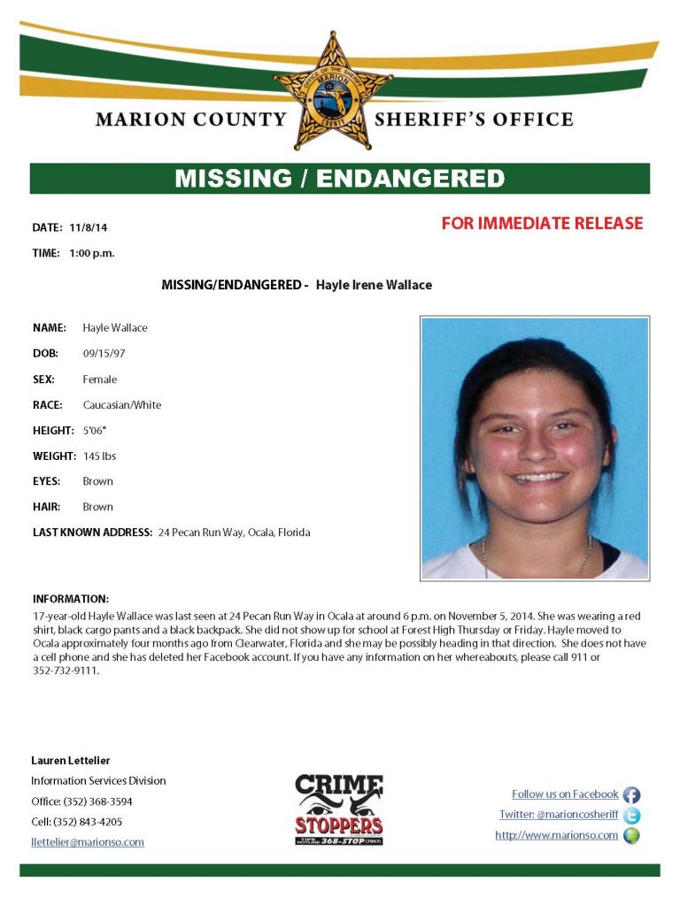 Missing Endangered Hayle Wallace, ocala news, marion county