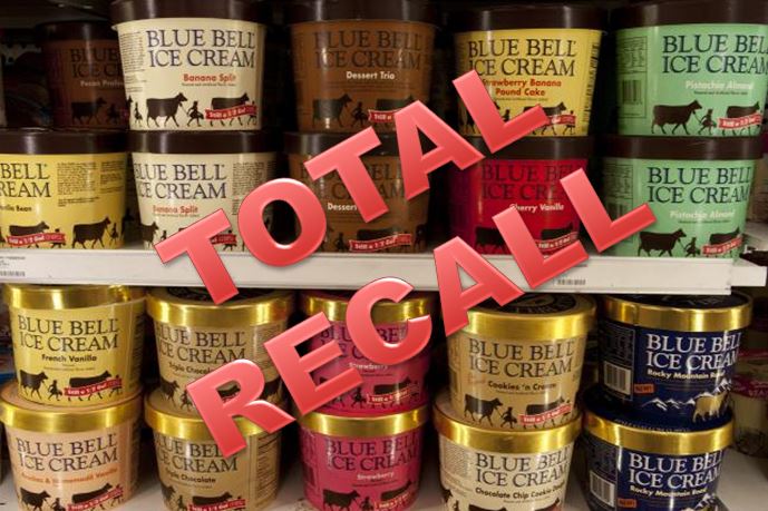 WARNING: All Blue Bell Ice Cream products recalled