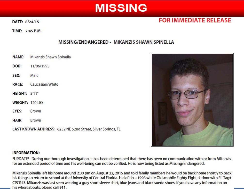 Mikanzis Shawn Spinella, missing, florida, endangered,